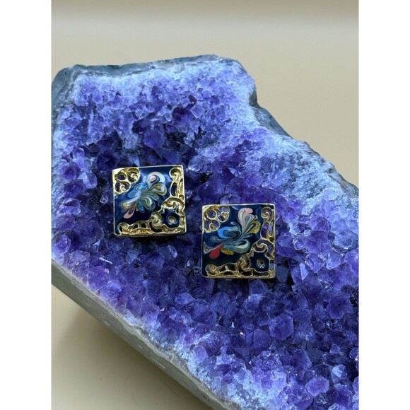 Baroque Revival Gold Stud Earrings - Faux Cloisonné Swirl Enamel - Vtg 80s - Picture 3 of 6